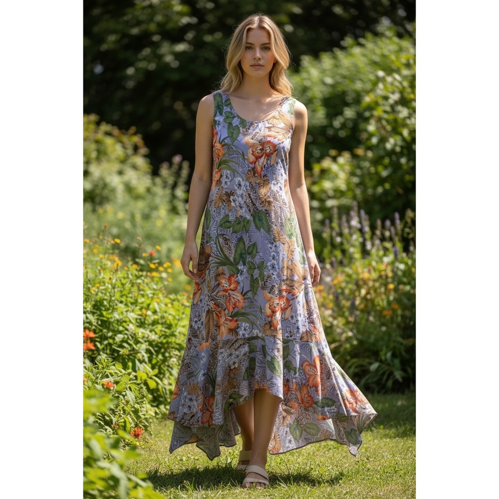 Hilo Hattie Hawaiian Original Floral Maxi Dress Blue Rayon High-Low Style 305 M